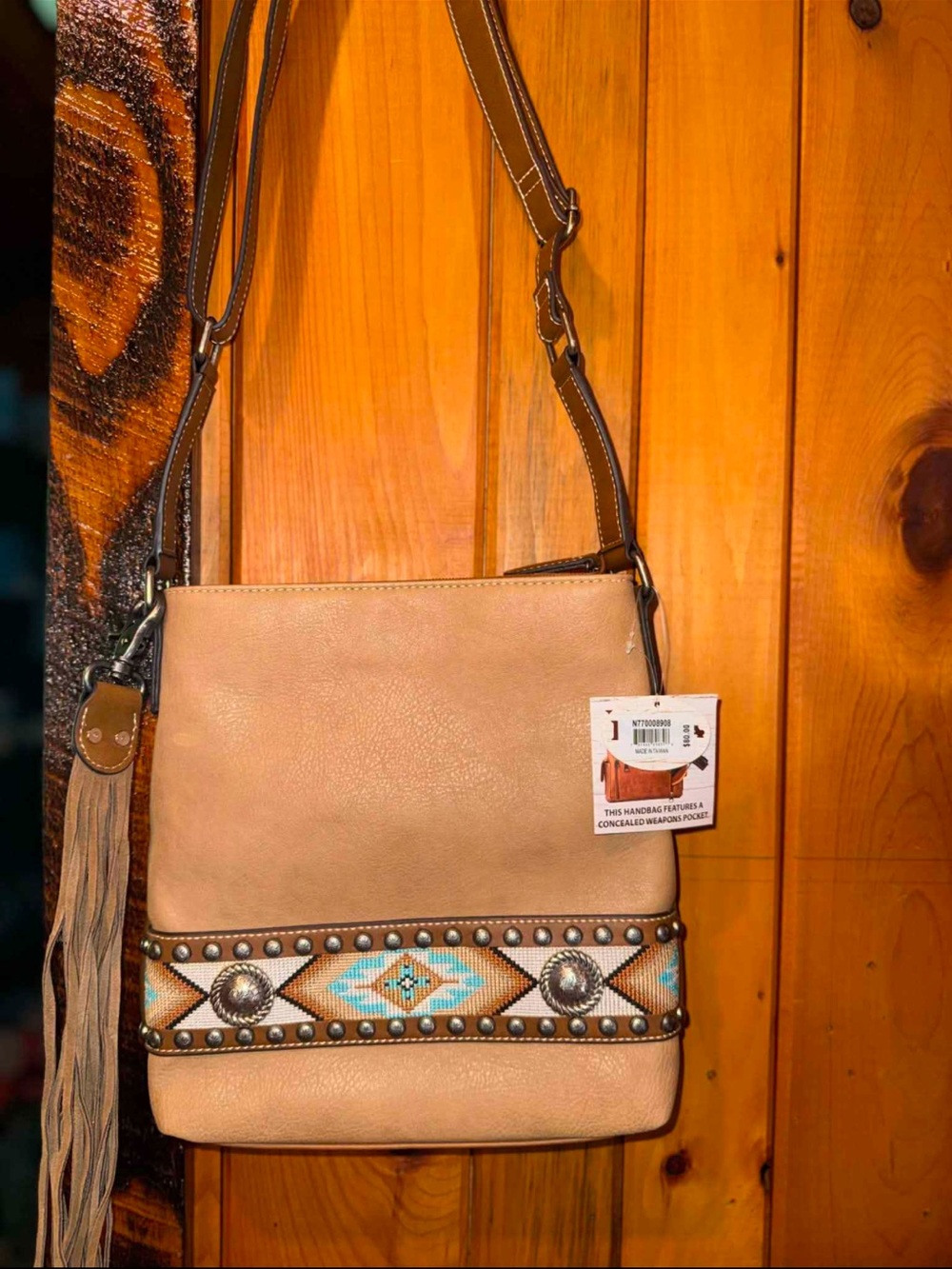 Beige Southwestern Beaded Crossbody Bag with Tassel